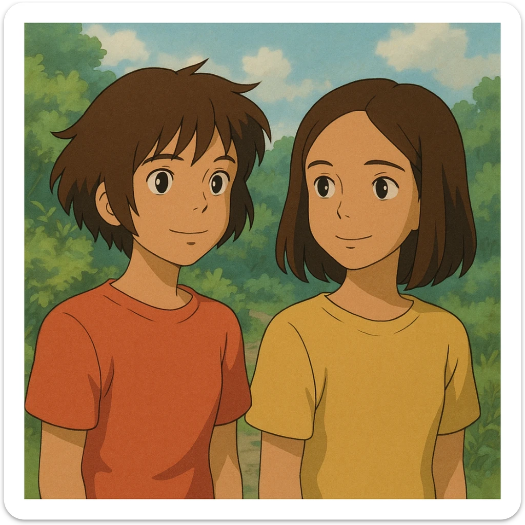 dos chicas, una con pelo corto desmechado en capas hasta la barbilla, castaña, piel morena; la otra con pelo lacio hasta el hombro, castaña, piel morena, estilo ghibli sticker