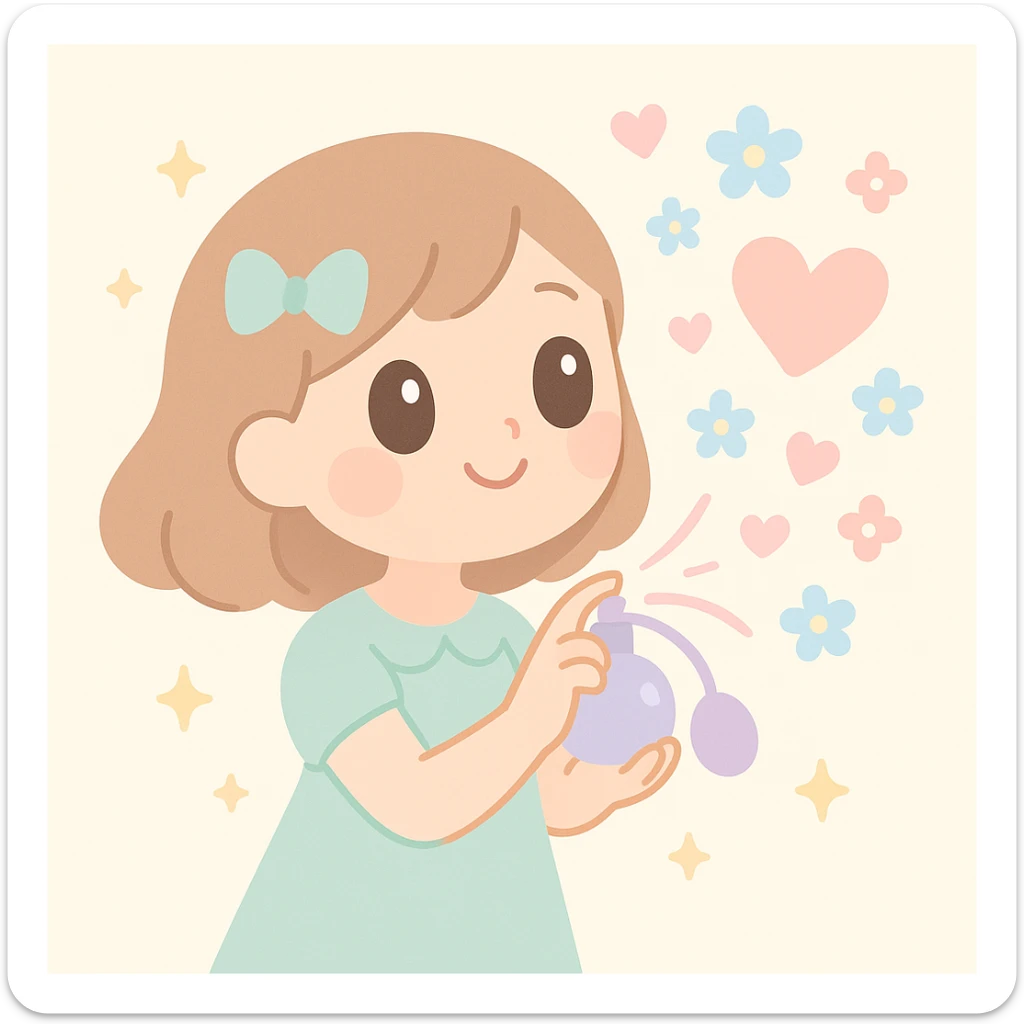 a whimsical scene of a girl spraying perfume, with the mist forming heart and flower shapes, in a dreamy, enchanting style sticker