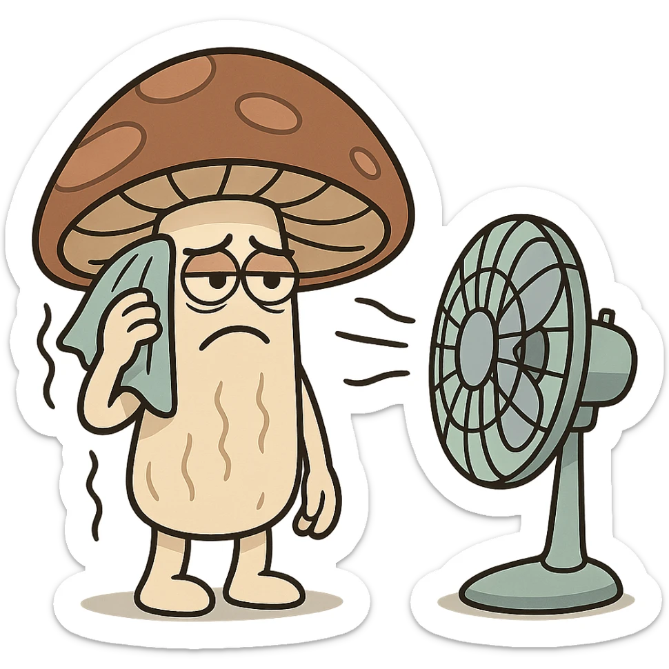 a simple and clear cartoon style illustration of a mushroom being dried with a fan sticker