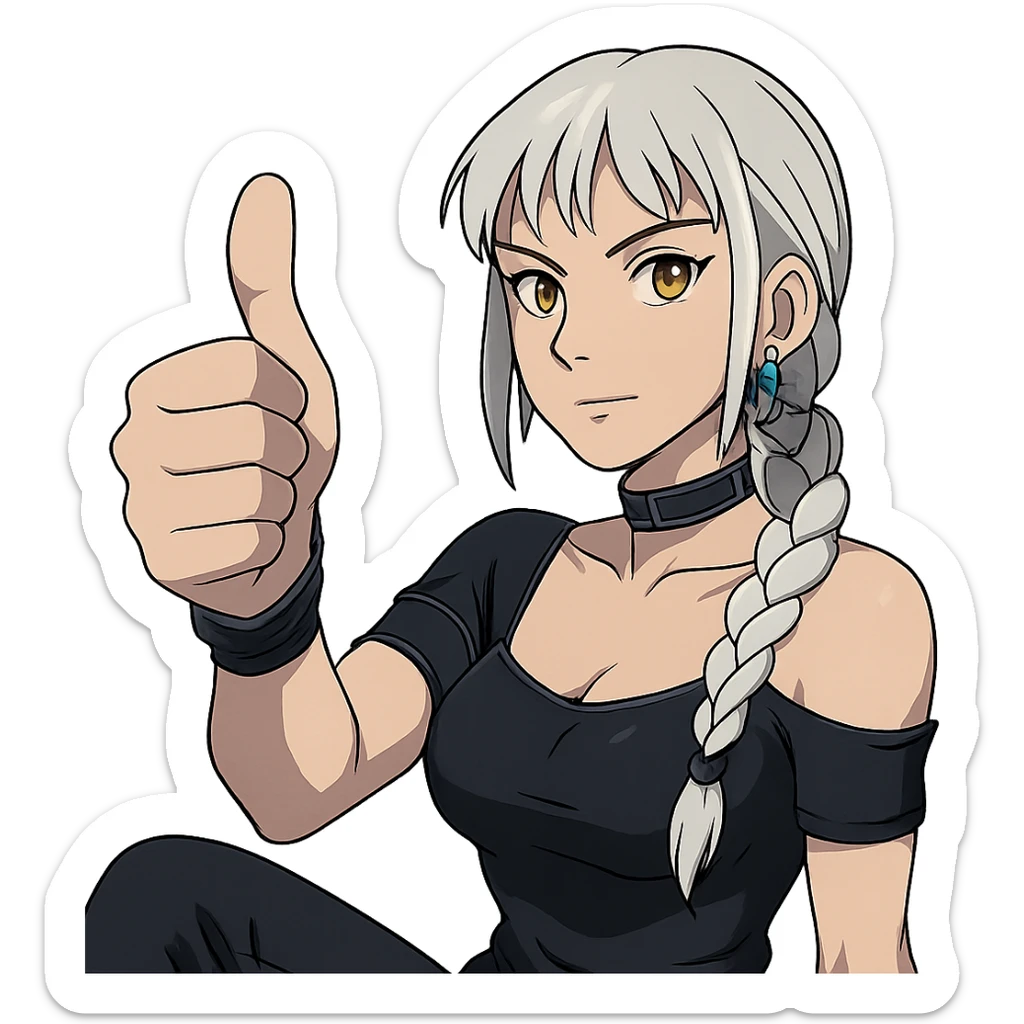  she is throwing a huge emphatic thumbs up, a closeup portrait of young woman with gold yellow eyes, white hair, long braid, black off-shoulder top d-cup, punk gothic style, futuristic cyberwave cyberpunk, sitting position
 sticker