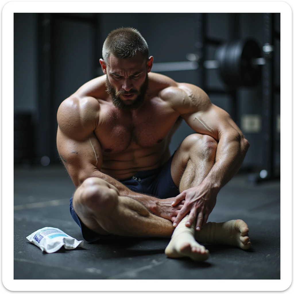 European powerlifter in competition clothing, sitting on the gym floor holding knee with acute pain expression, ice pack and bandage nearby, injury atmosphere, realistic details, gym background. sticker