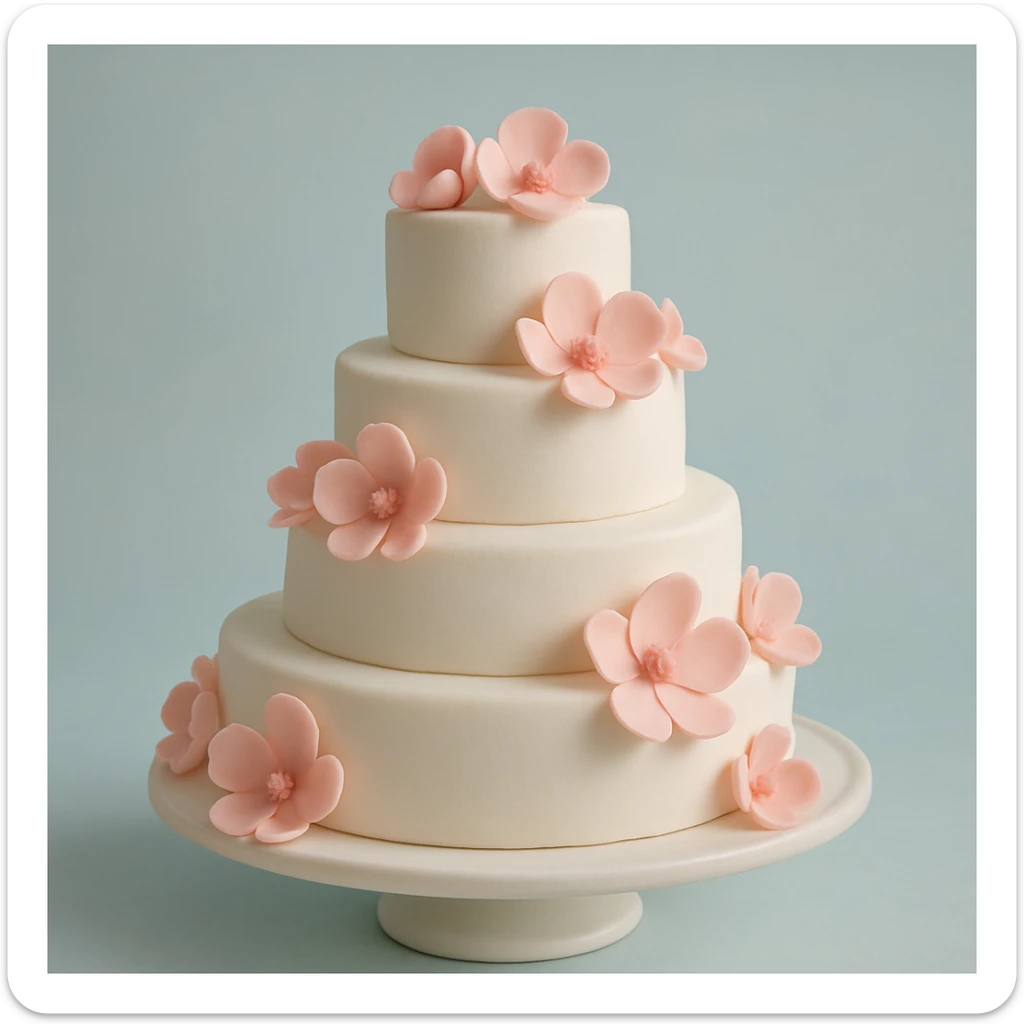 wedding cake with pink fondant flowers and a light blue background sticker