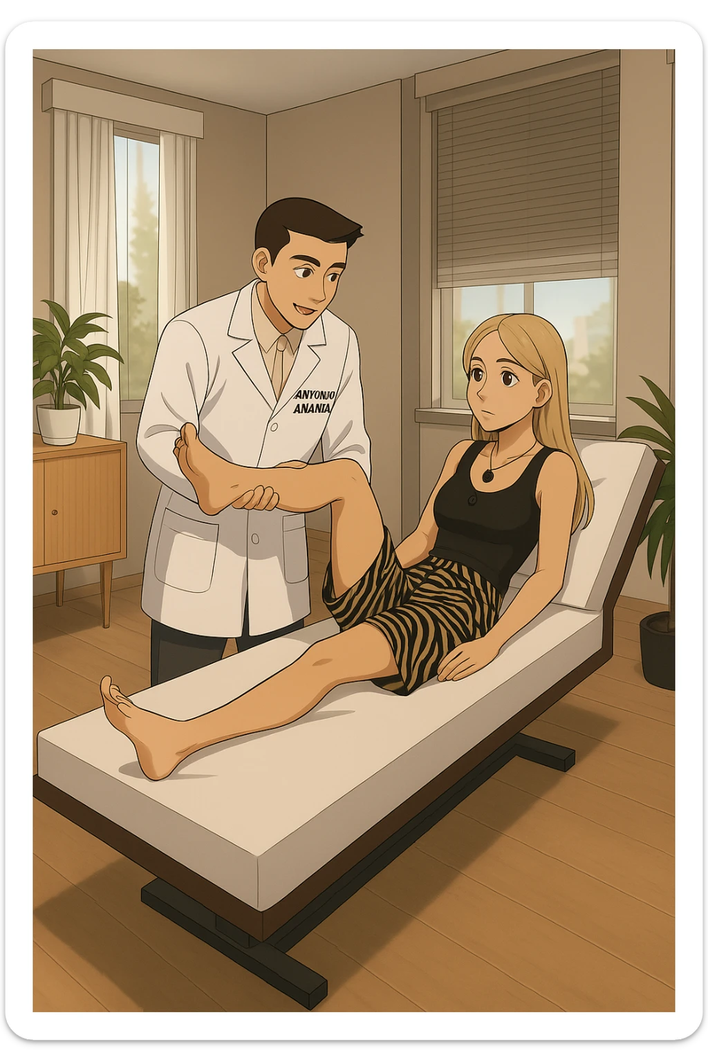 fai un webtoon/manga a colori con questo kinesiologo in camice bianco (fagli la scritta "ANTONIO ANANIA" SUL CAMICE) CHE SVOLGE UN TEST NEUROMUSCOLARE SOLLEVANDO UNA GAMBA ALLA RAGAZZA CHE è STESA SU UN LETTINO BIANCO. STANZA SEMPLICE E MODERNA, DURANTE IL TEST I DUE DIALOGANO TRA LORO. NON FARE I FUMETTI, FAI SOLO LORO COME SE DIALOGASSERO sticker