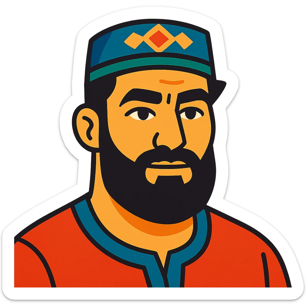 A Tajik man with masculine features, expressive eyes, thick eyebrows, dark hair, light-olive skin, and a larger, neatly kept beard sticker