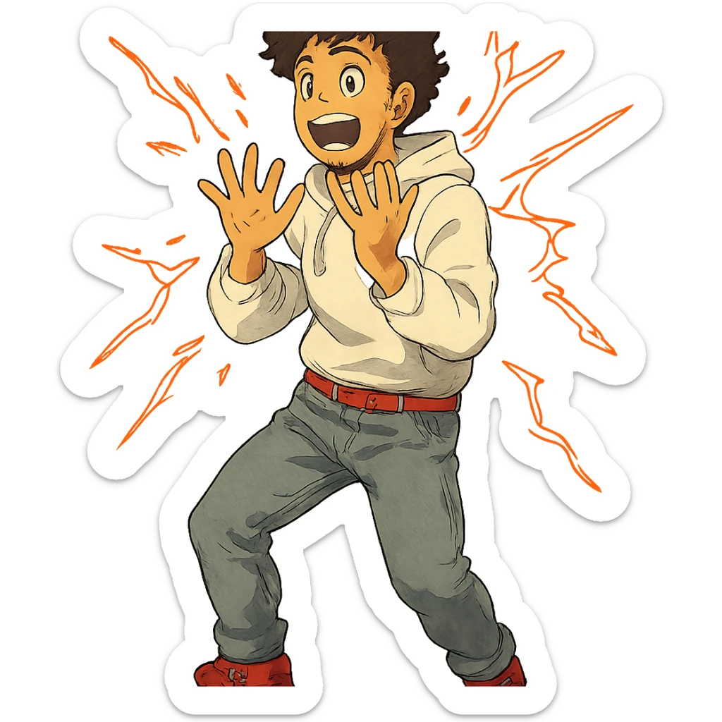 1 male, mid fade haircut dark chestnut brown curly hair, toasted lightskin, white hoodie sleeves up, gray fashion jeans, red fashion-sneakers shoes, red belt, short trimmed beard and goatee,  style of deku from "my hero academia",  doing a "i adore that!" exclaimation pose with red electricity sticker