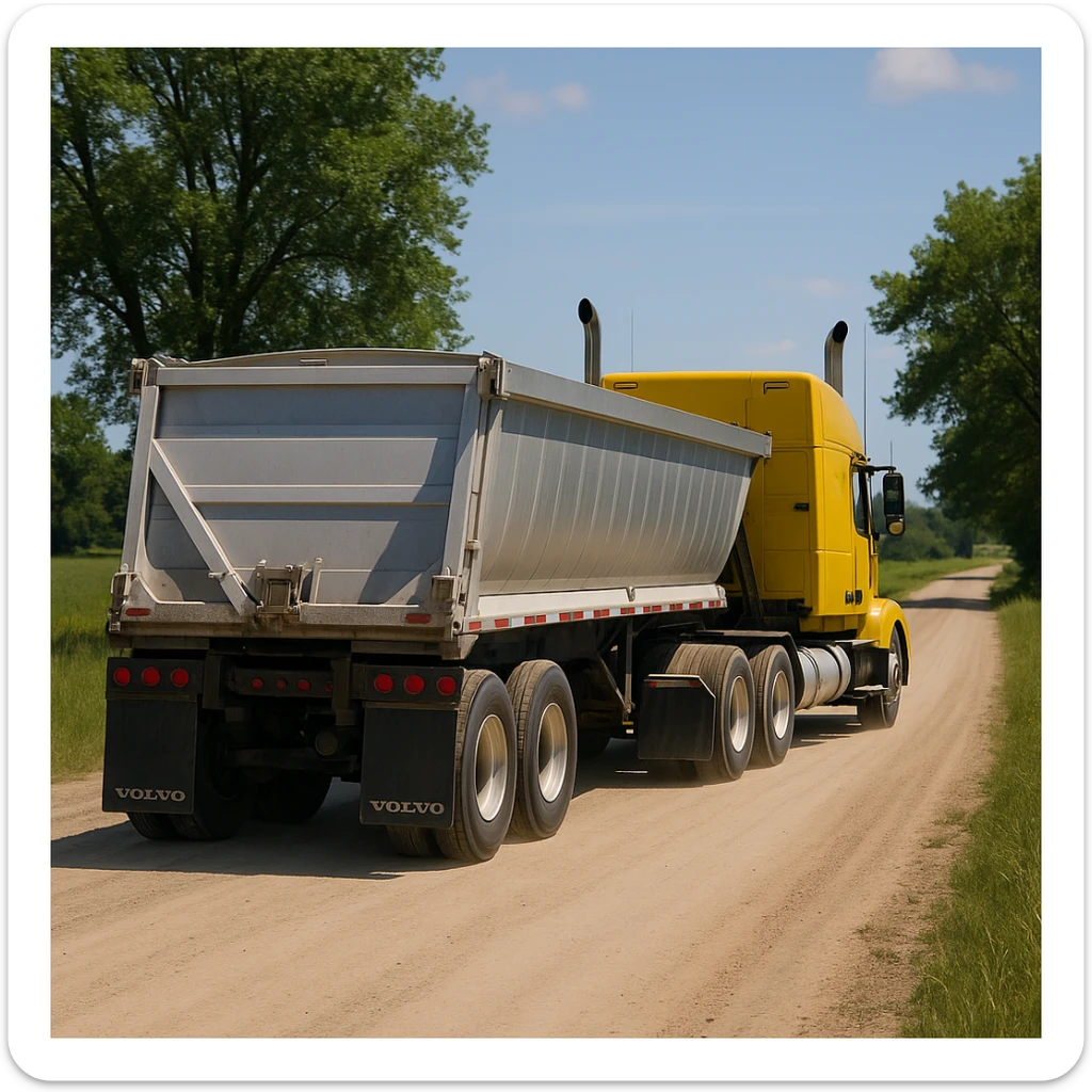 photorealistic rear view of a Volvo yellow semi sleeper truck with a long silver end dump trailer, not in dumping position, driving away down a dirt road with trees and grassy fields, sunny day sticker