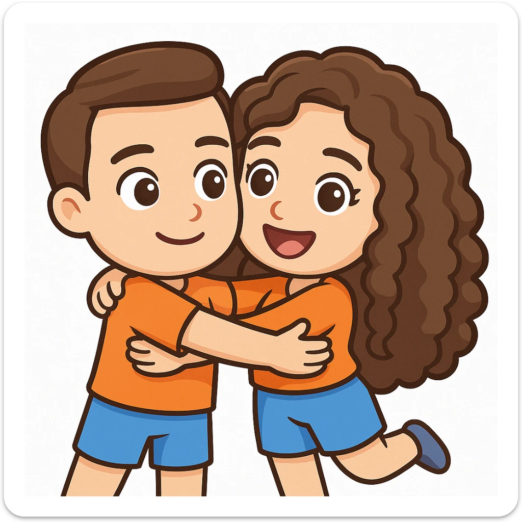 3D cartoon male and female characters with white skin and brown hair; male with short fade haircut, female with long natural curls, embracing each other in a warm, playful hug. Bitmoji-like style suitable for emoji use with a transparent background. sticker