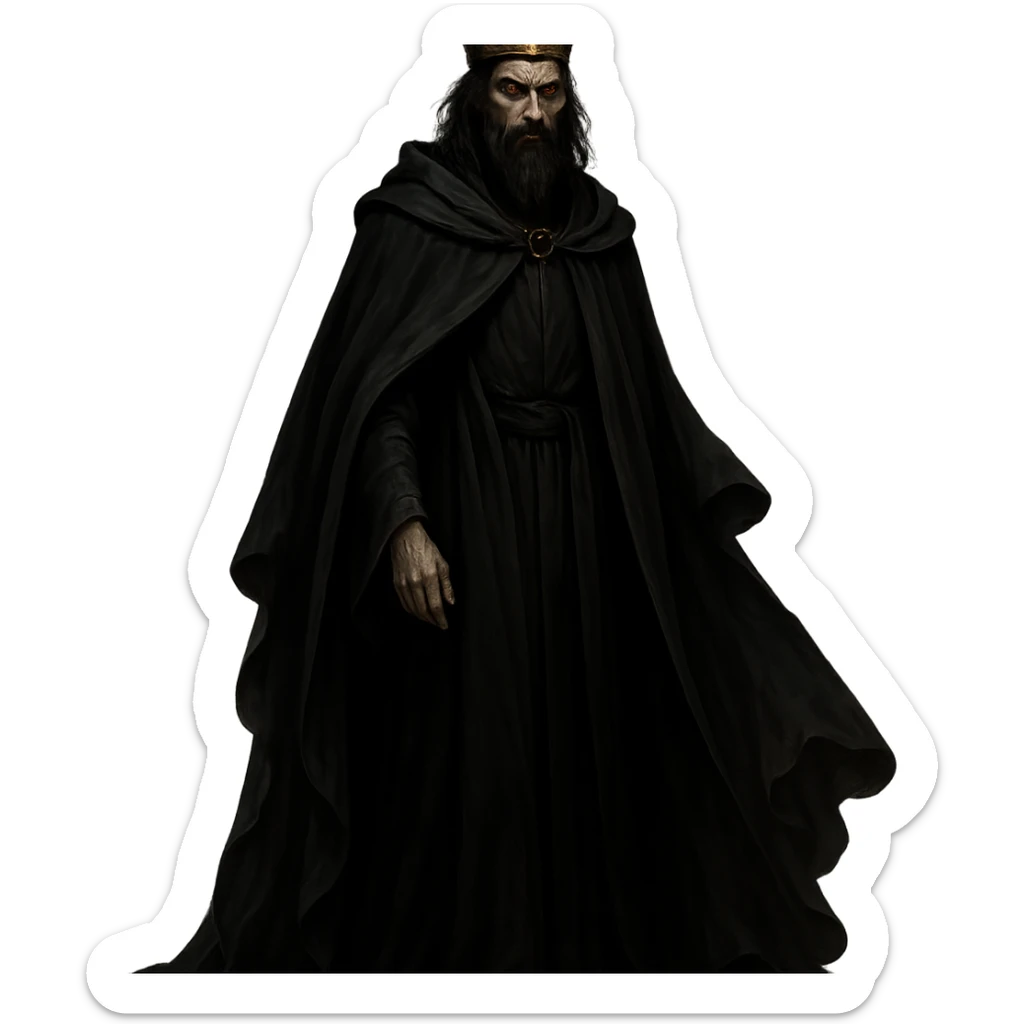prince of darkness, regal yet sinister, crown, flowing dark robes, fully depicted sticker