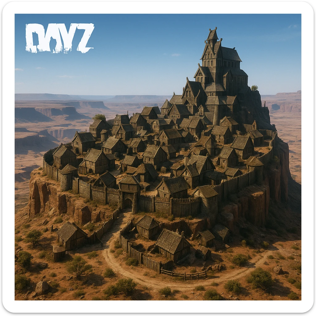 A small hilltop mesa city in the videogame dayz, screensot, based on whiterun sticker