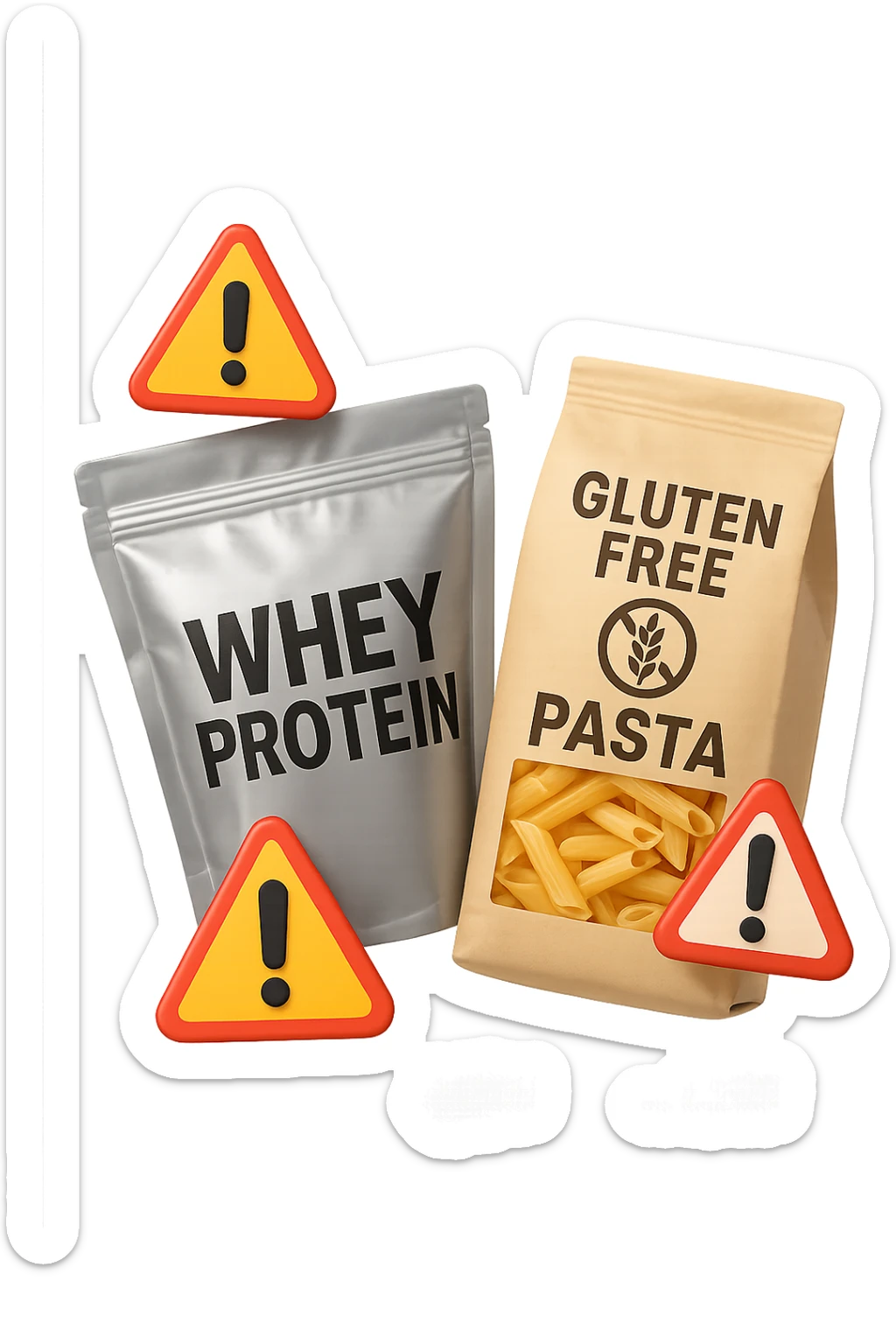 SU QUESTO STILE FAI UN EMOJI STILE IPHONE 3D DI UN pacco di whey protein e un pacco di pasta senza glutine che fluttuano in aria insieme a segnali di pericolo in 3d, FALLO MOLTO REALISTICO IN 3D sticker