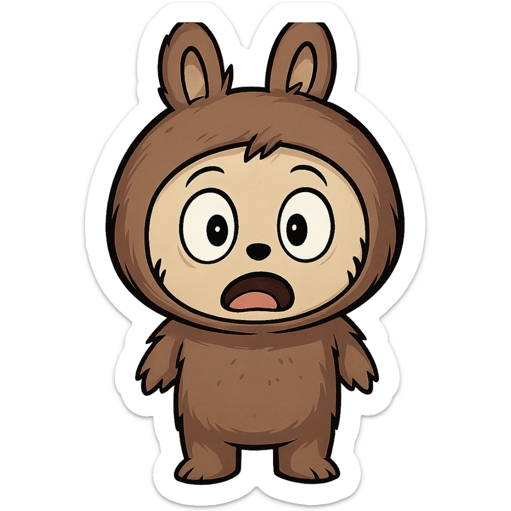 Change only the facial expression of the brown bunny character to a surprised look with wide eyes and open mouth. Keep the character, pose, and all colors exactly the same as the original. Do not change any other details. Transparent background. sticker