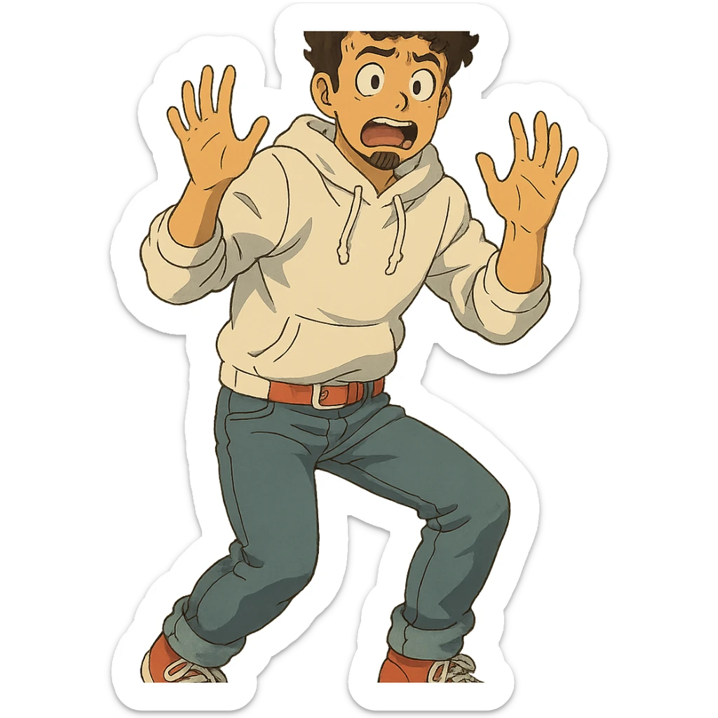1 male, mid fade haircut dark chestnut brown curly hair, toasted lightskin, white hoodie sleeves up, fashion jeans, red fashion-sneakers shoes, red belt, short trimmed beard and goatee,  style of deku from "my hero academia", doing a "oh no / scared" pose sticker