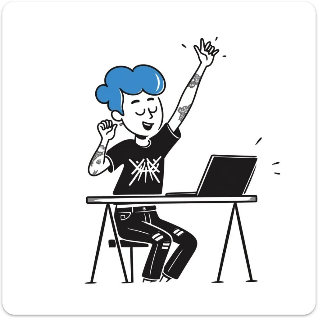 Rock musician girl with half-shaved head and blue hair, arm tattoos, multiple ear piercings, wearing ripped jeans and metal band shirt, sitting at desk with laptop and raising hand enthusiastically sticker