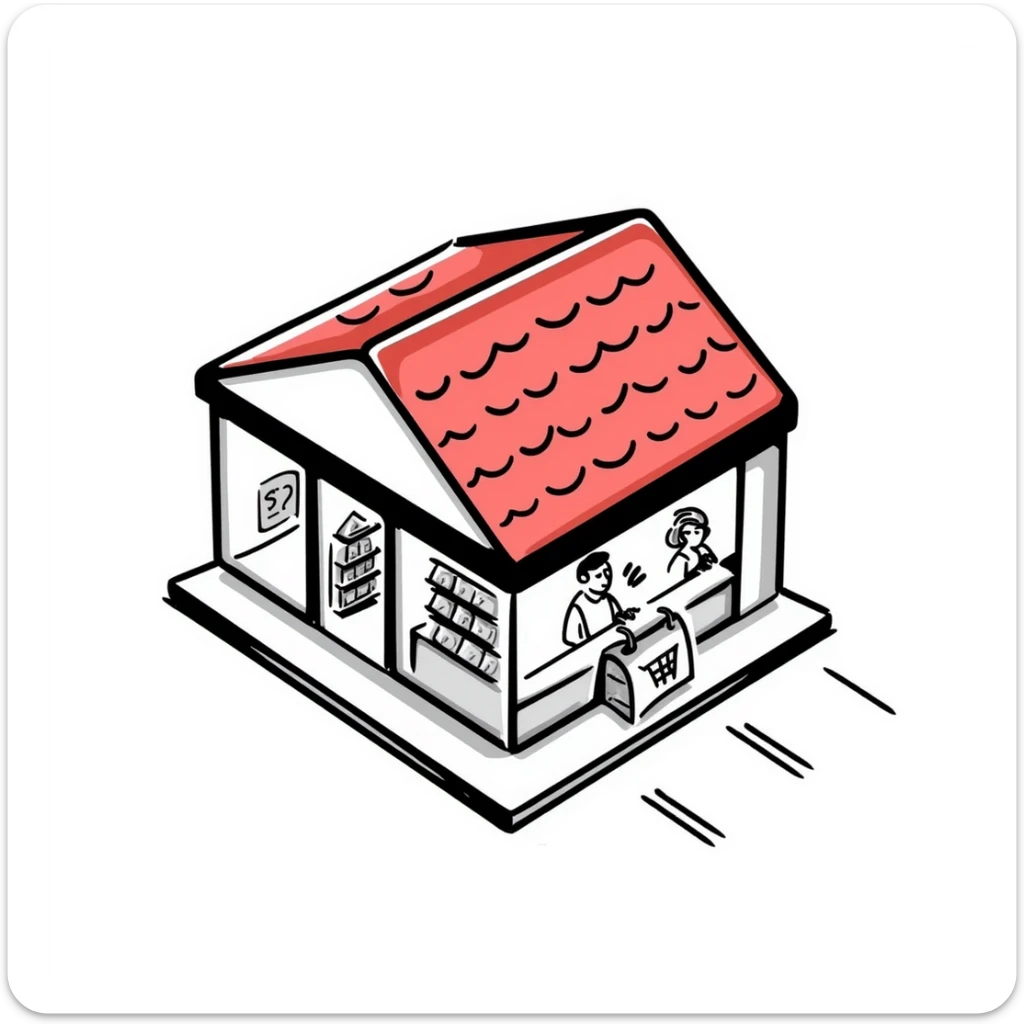 isometric view of a supermarket with a distinctive red tiled roof, glass entrance, and small parking lot sticker