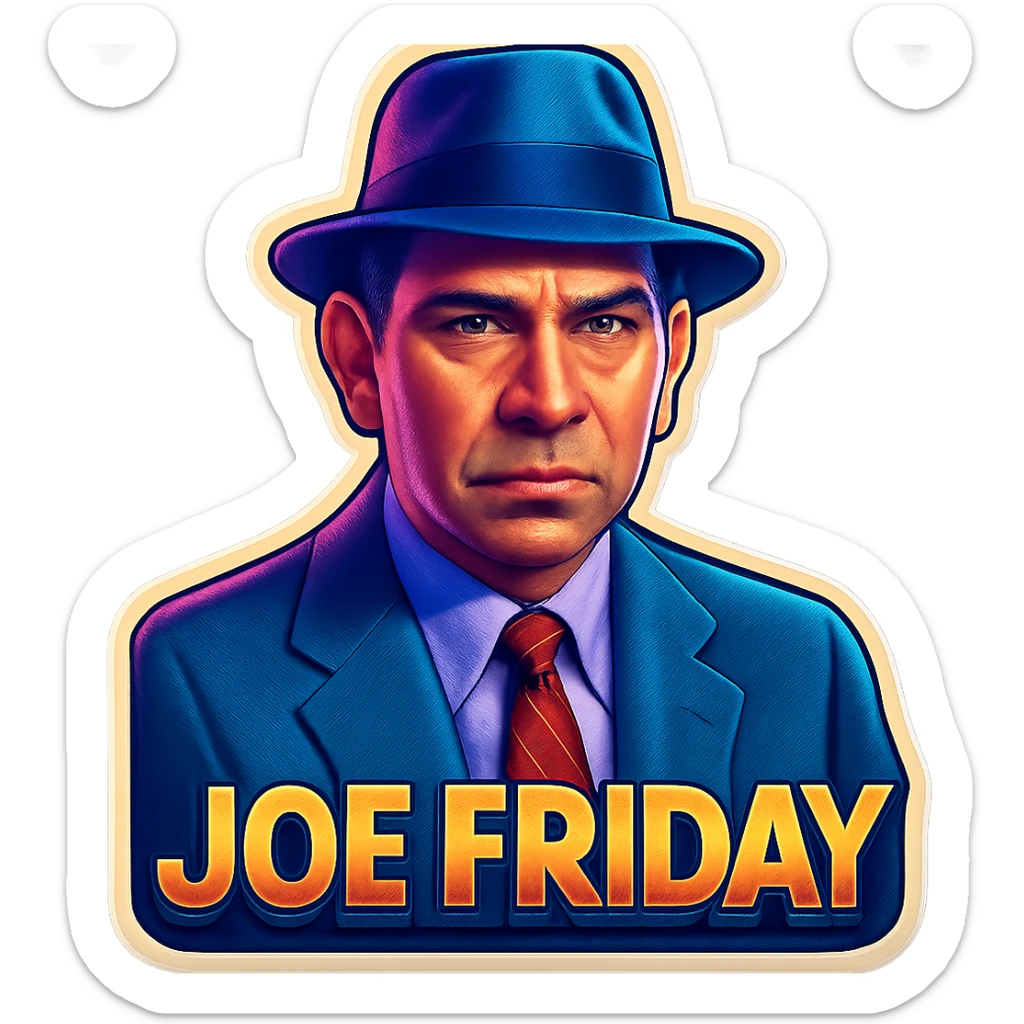 poster of Joe Friday inspired by the reference photo, retro stickers style, more serious expression sticker