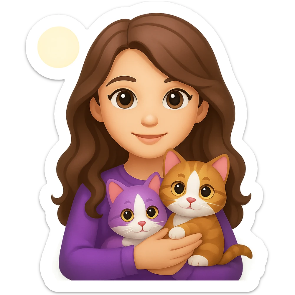 Add a simple, cheerful background to the scene with a girl with long, wavy brown hair, brown eyes, purple clothes, holding a three-color cat, in emoji style. sticker