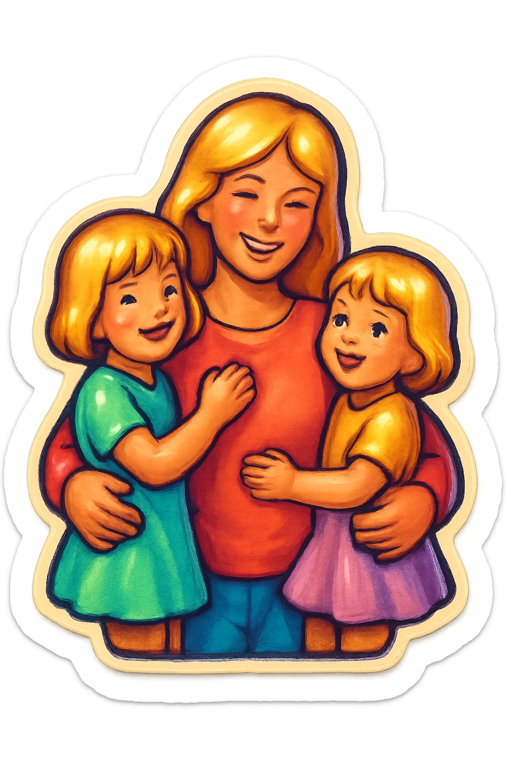 mom with long light hair holding two little girls with short light hair, all in pastel outfits, cute retro stickers style, soft shadows, multiple variations sticker