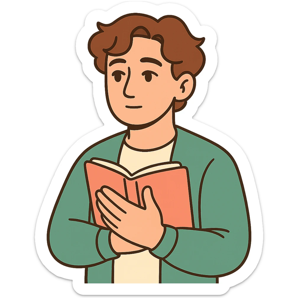Calm and thoughtful male confidant, fair skin, soft wavy brown hair, gentle eyes, wearing a green cardigan over a light shirt, holding an open journal close to chest, waist-up, front-facing, pure background sticker