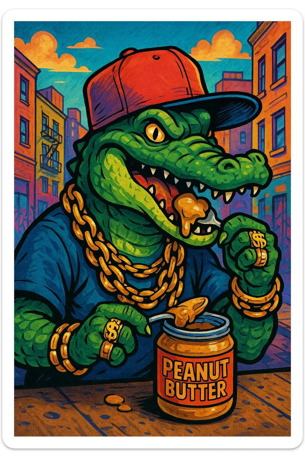 gangster alligator eating peanut butter, hip hop style, sideways cap, flashy jewelry sticker