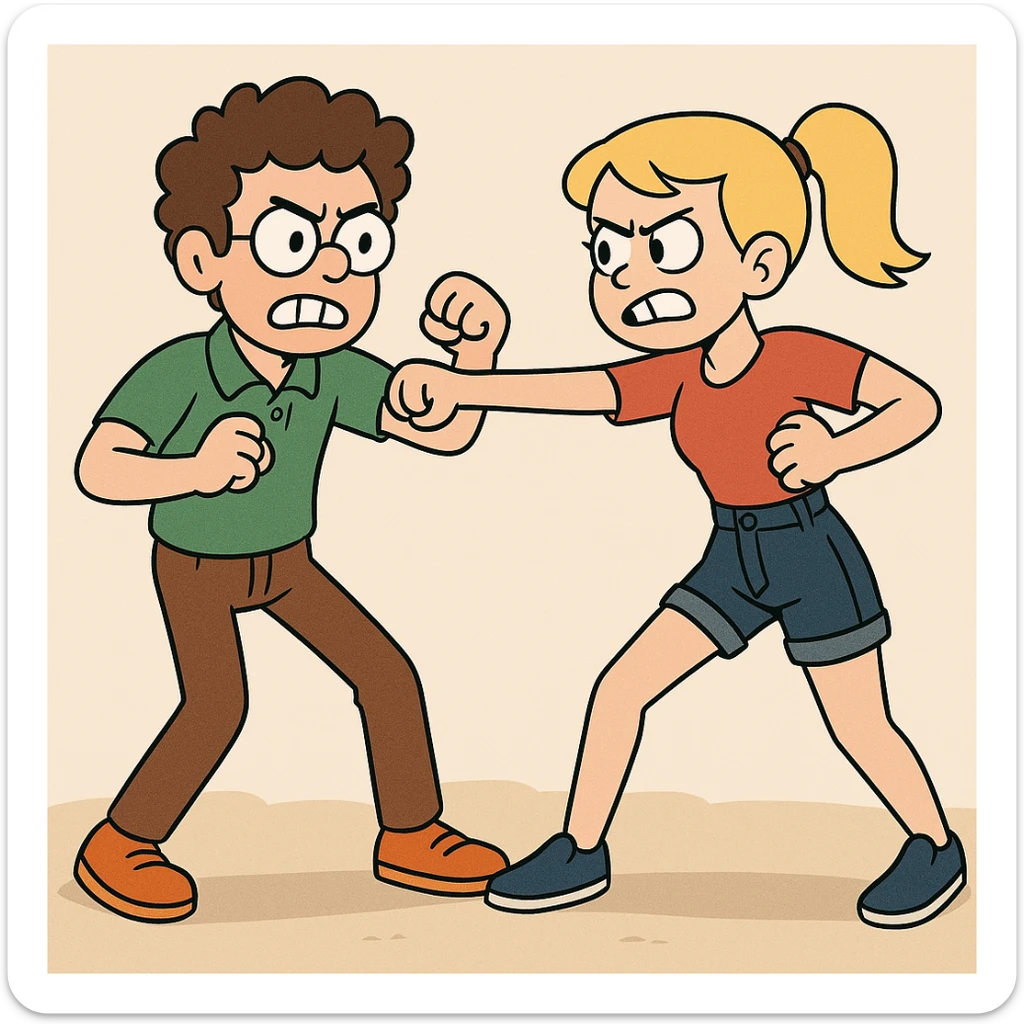 Fighting a boy brown Curly hair circle glasses green Pro polo brown jeans orange shoes and a girl Yellow ponytail hair red shirt high waisted dark blue denim shorts blue shoes sticker