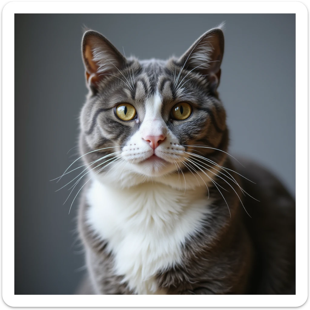 a realistic cat with a white nose and underbelly, gray on the rest of the body, natural fur texture, photorealistic style sticker