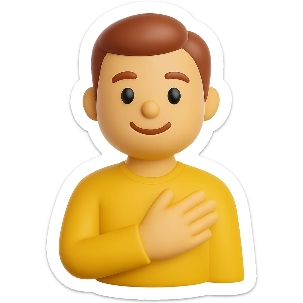 Create a 3D emoji style image of a man holding his hand over his heart, matching the pose, color, shirt, and position of the reference image. The style should resemble Microsoft style 3D fluent emojis with a transparent background. sticker