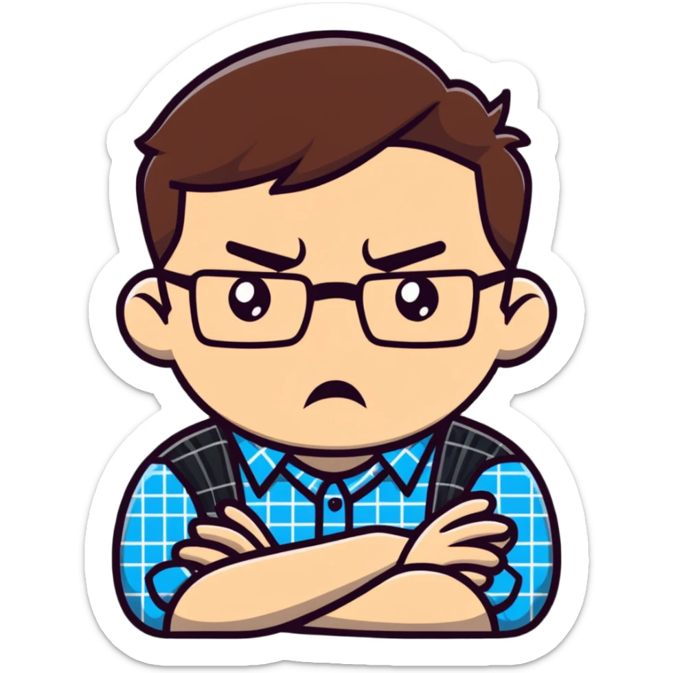 A stiff, uptight person with a scowling face looking fearful, wearing glasses and checkered shirt sticker