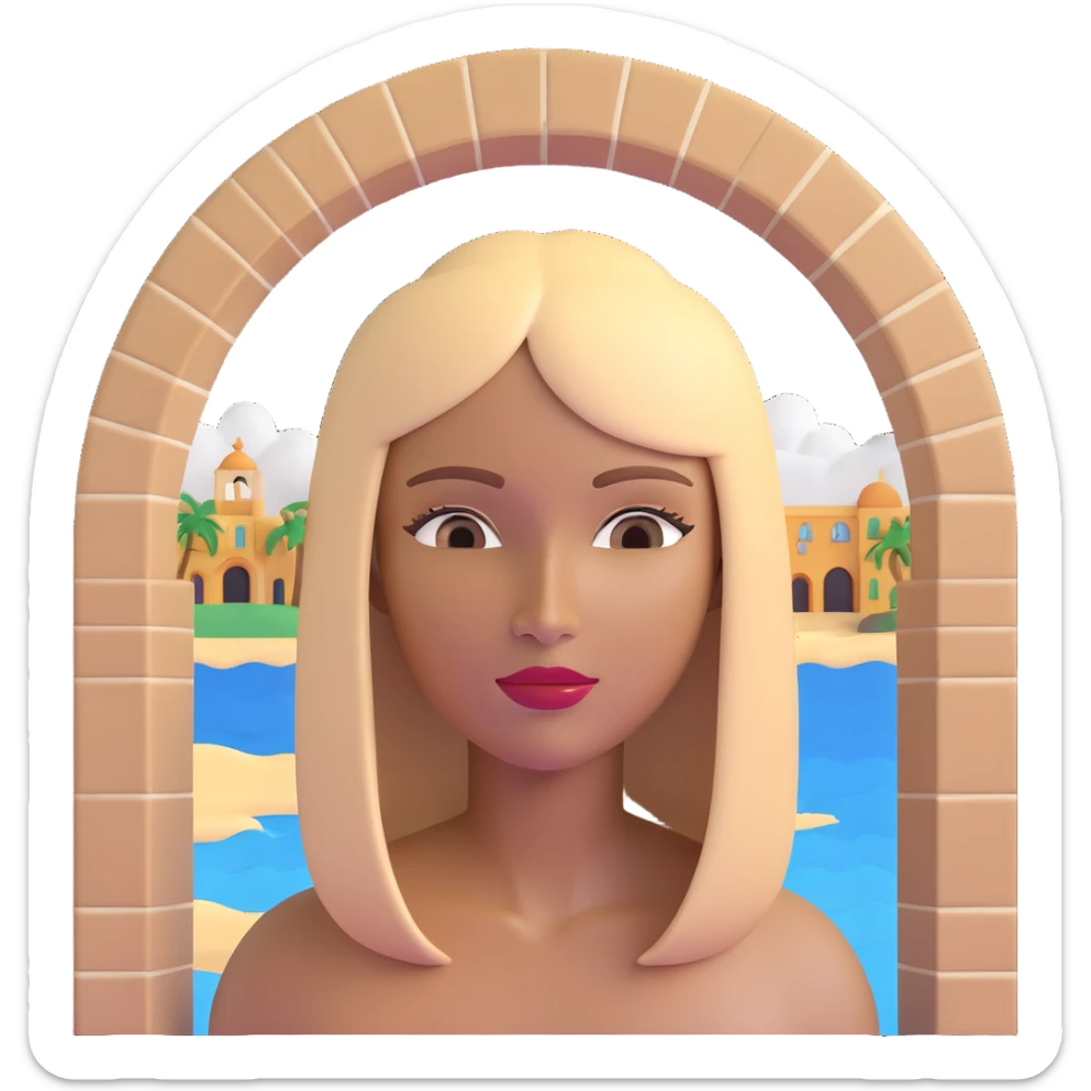 close-up of a woman's face with darker blonde straight hair, light brown skin, with the three iconic arches of Atalaia Beach (Aracaju-SE) prominently displayed very close in the background, middle arch taller with round tops, made of tiles sticker