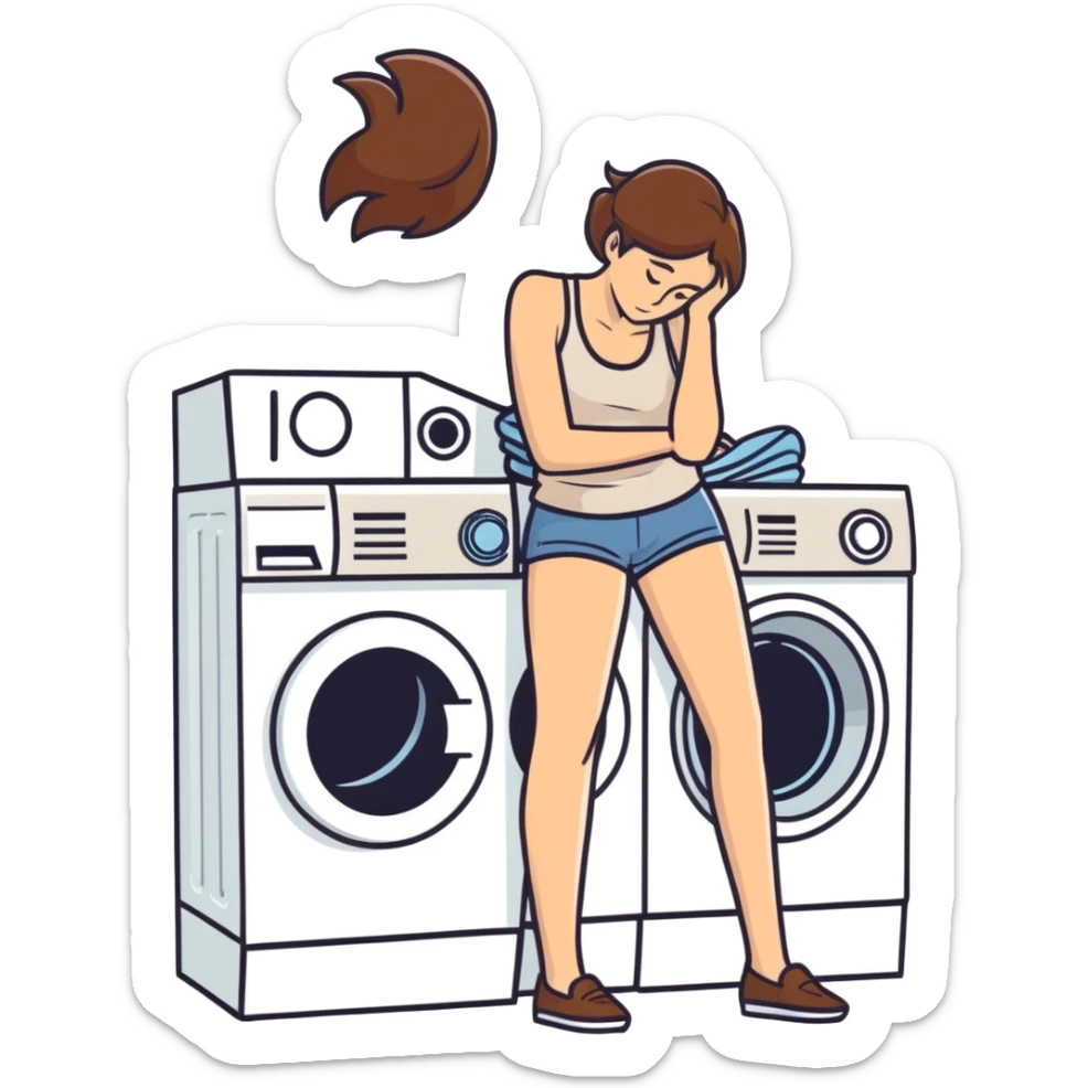 Caucasian woman with brown hair and big boobs wearing a tank top lying on a washer and dryer sticker