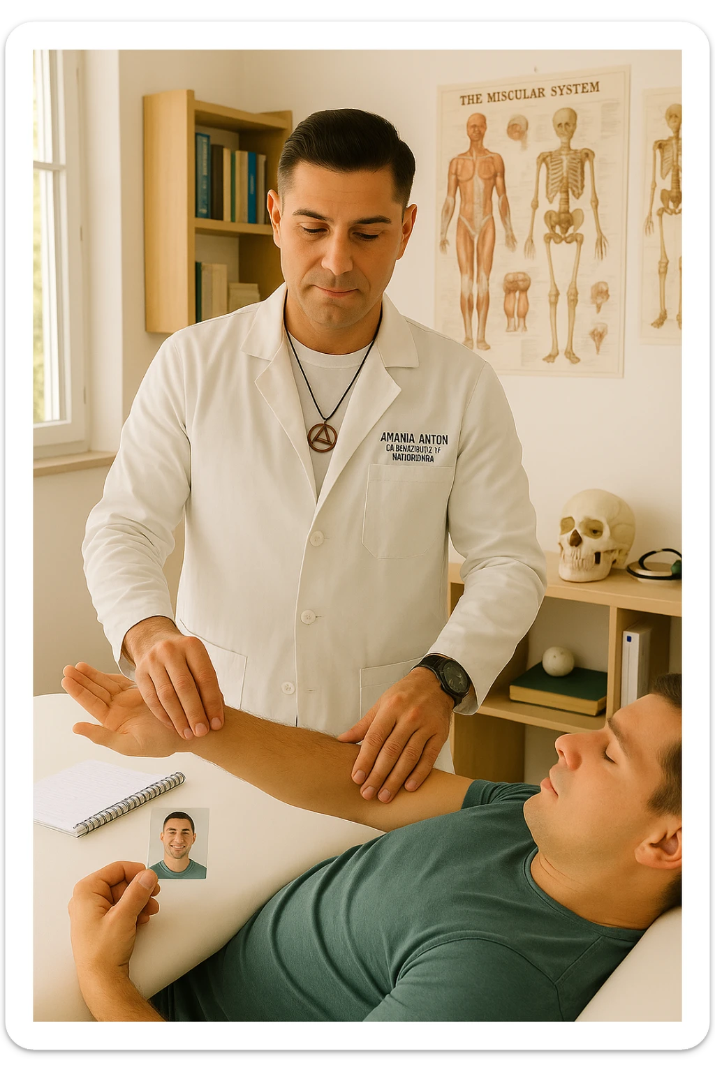 a middle-aged man, dressed in casual professional attire, is in a bright, organized therapy studio. Durante una visita di kinesiologia, il praticante tiene con una mano la foto di una persona lontana (il “testimone”) appoggiata su un tavolo, mentre con l’altra mano esegue un test muscolare su un cliente presente. Sullo sfondo si vedono libri di kinesiologia, poster anatomici e strumenti tipici della disciplina. L’atmosfera è concentrata e serena, con luce naturale che entra dalla finestra, sottolineando l’aspetto alternativo e umano della pratica. sticker