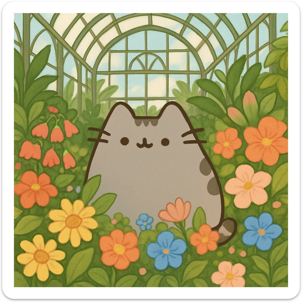 pusheen cat surrounded by flowers in a botanical garden greenhouse sticker