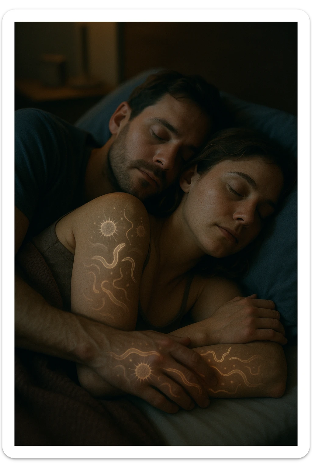 A hyper-realistic, cinematic image of a man and a woman sleeping together in the same bed under soft, dim night lighting, with their bodies close and touching. Their skin appears slightly illuminated where it touches, and under a subtle x-ray style overlay, faint ghostly silhouettes of microscopic parasites and worm-like organisms are visible crawling transdermally between their bodies, symbolizing silent, unnoticed parasite transmission during sleep. The environment is a cozy bedroom with warm tones, but the presence of the glowing parasites creates a slightly unsettling feeling, emphasizing the hidden danger. Their faces are calm, unaware, symbolizing the unconscious nature of the transmission. The image is detailed with a 35mm film hyperrealistic aesthetic, focusing sharply on the point of contact between their skin where the parasites pass, while the background remains softly blurred. The color palette uses muted warm browns and soft moonlight blues to maintain a nighttime, intimate feeling, contrasting with the translucent, glowing parasites to illustrate the hidden risk of transdermal parasite transmission while sharing a bed sticker