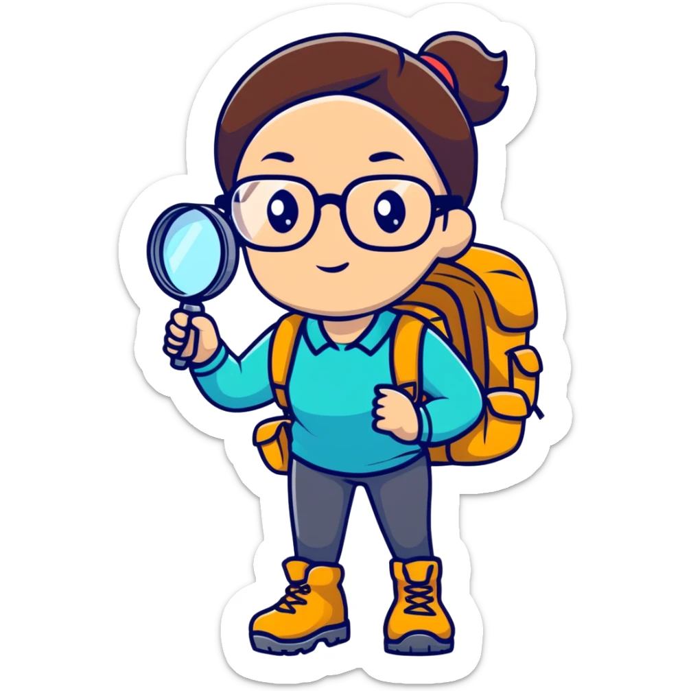 Woman in her late 30s with glasses wearing sporty outfit, hiking boots, and backpack, holding a magnifying glass and looking curious sticker