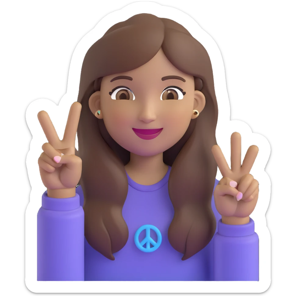 a girl with long brown hair and brown eyes smiling, memoji style, with a peace sign sticker