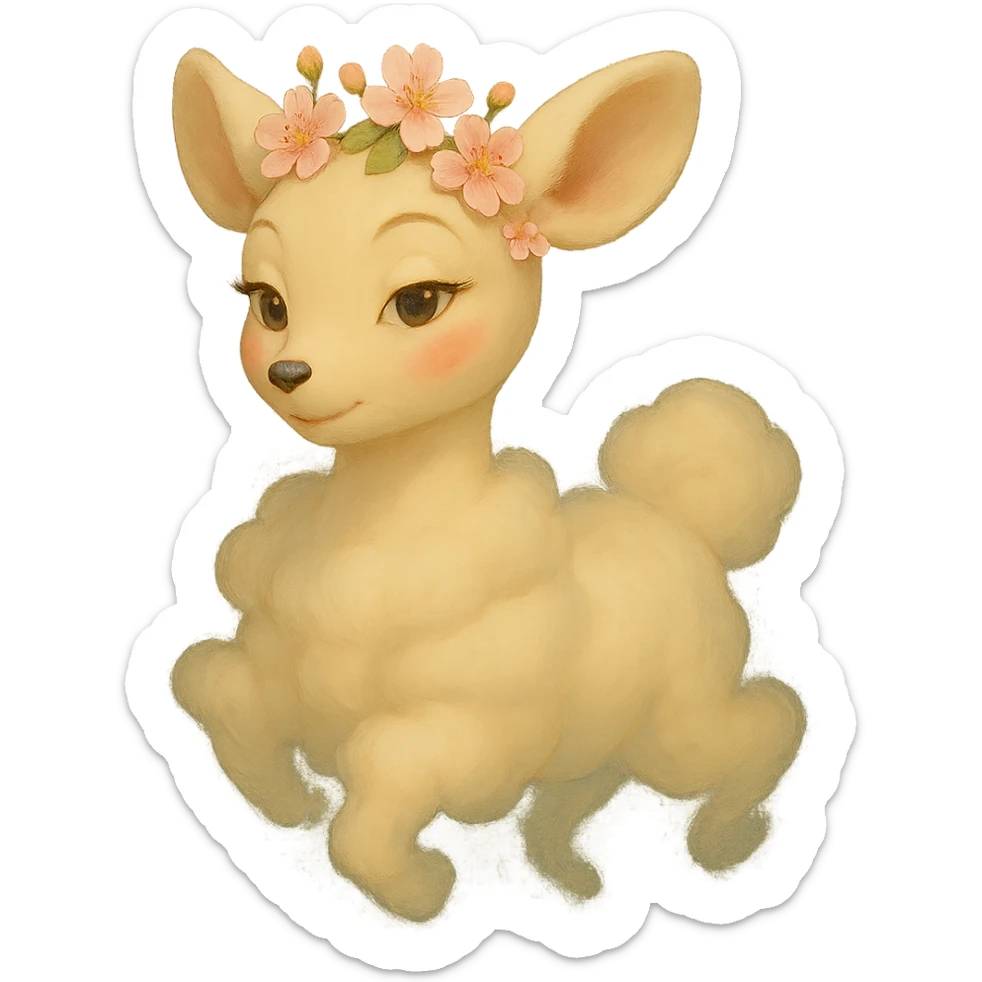 Make the front of this feminine adult vanilla cloud doe with rosy cheeks and cherry flowers, floating gracefully in a dreamy Ghibli-Pixar style. Keep the dreamy, elegant, and magical look with a transparent background. sticker