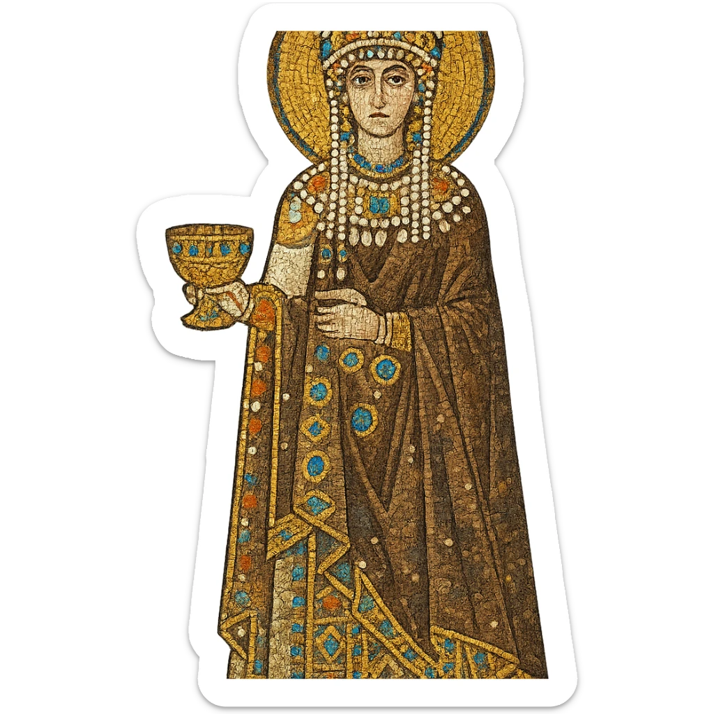 Empress Theodora in Byzantine regalia, mosaic art style, gold and jewel tones sticker