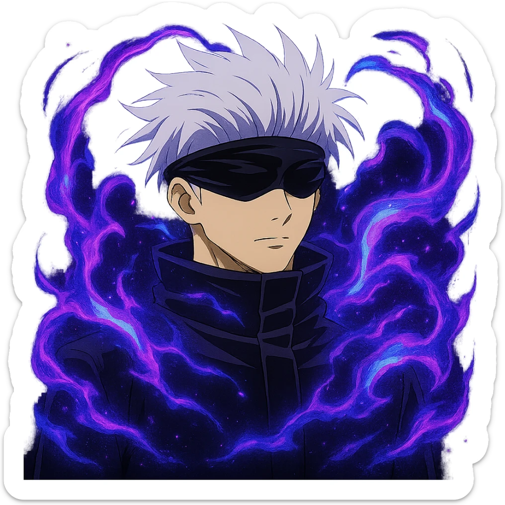 Add Hollow Purple effect with swirling purple and blue energy around Gojo Satoru, keeping his serious expression, in anime style, no background. sticker