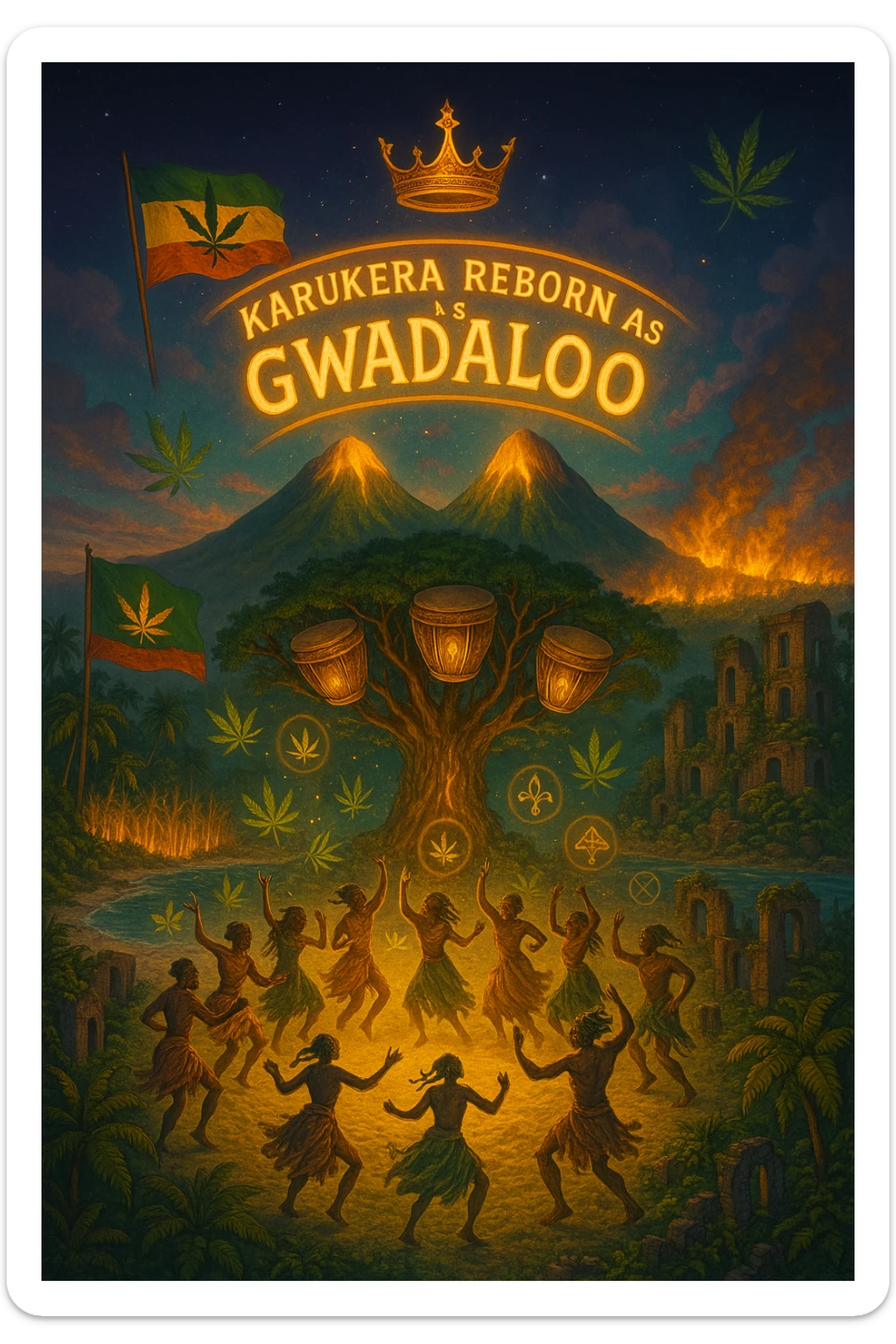 Create a powerful, surreal vision of the Caribbean island Guadeloupe, reimagined as ‘Gwadaloo’ — its sacred, sovereign identity restored. The island is lush, tropical, and volcanic, with two green volcanoes glowing golden at the peaks. In the center stands a giant mystical Drum Tree, its branches bearing carved drums instead of fruit, glowing with rhythmic light. Ancestral spirits of African and indigenous lineage dance in a circle around the tree, surrounded by floating ganja leaves and sacred symbols. Sugarcane fields burn gently in the background, symbolizing the end of colonial suffering. Ruins of colonial buildings crumble into the earth, reclaimed by vines and jungle. Above the island, a glowing banner in the sky reads: ‘Karukera reborn as Gwadaloo.’ A ganja-leaf flag waves high in red, green, and gold, and a golden Creole crown floats in the sky above the island — not worn by any man, but held in rhythm. The ocean is turquoise, the light is divine, and the entire scene radiates spiritual victory, cultural remembrance, and cosmic rhythm. Use a warm, cinematic palette of golds, greens, blues, and purples. Style should feel epic, sacred, and symbolic — a rebirth of Caribbean power. sticker