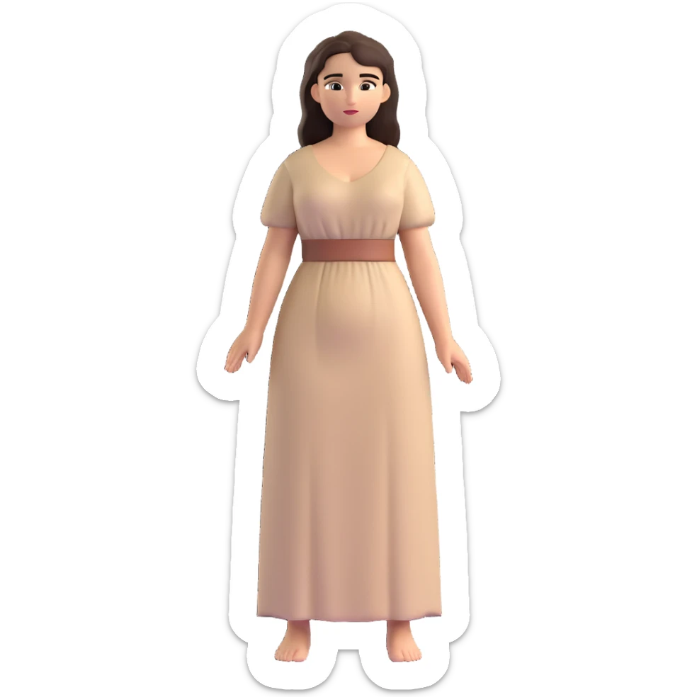 fullbody Mary Magdalene, fit and buxom body, very pretty detailed face, normal height, plain light tan dress, arms down with hands by hips, dark hair sticker