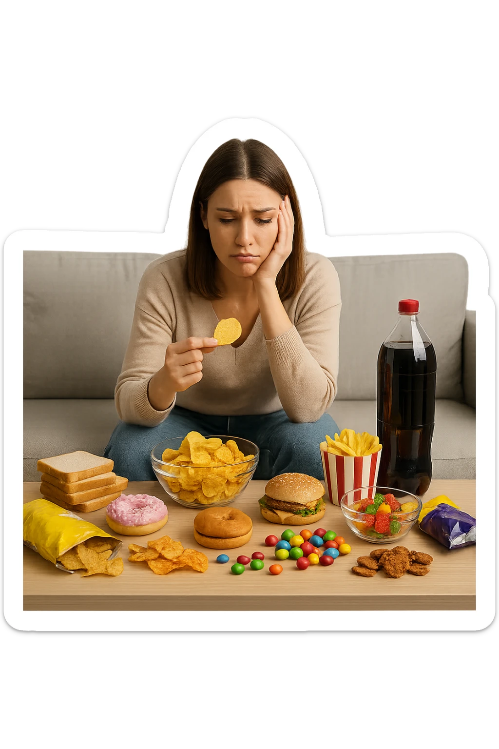 Donna tra i 25 e i 35 anni seduta sul divano o a un tavolo disordinato, circondata da cibi sparsi e poco sani: patatine, dolci, pane bianco, snack confezionati, bibite.  sticker