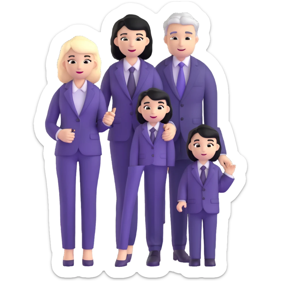 The Parr family from Incredibles in civilian clothes - Bob in business suit, Helen in casual clothes, Violet teen with black hair, Dash blonde boy, baby Jack-Jack sticker