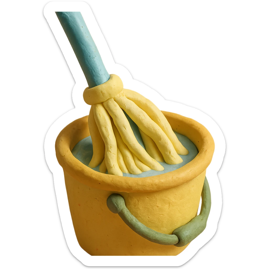 close-up of mop wringing out in a bucket, soft lighting, pastel colors, claymation style sticker