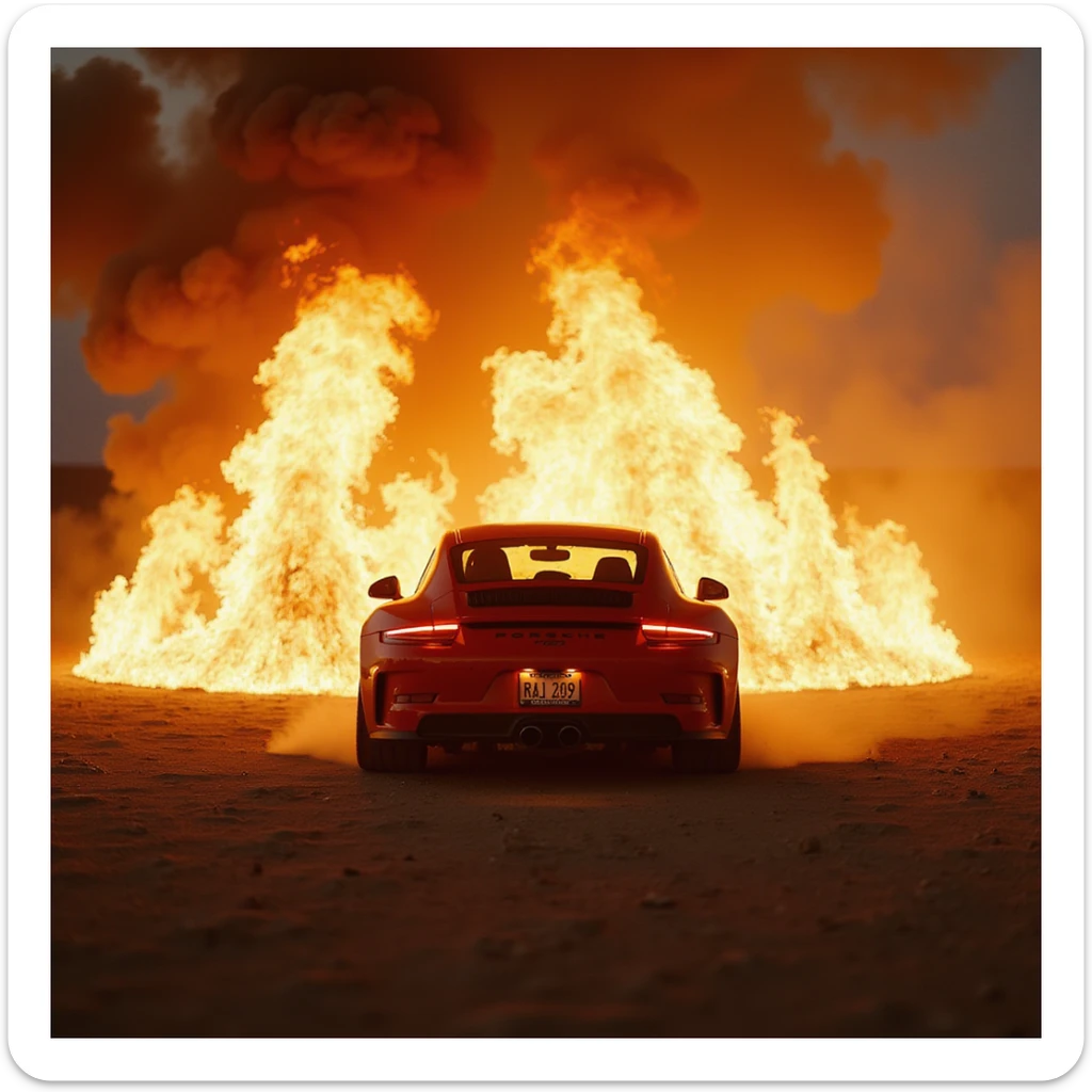 Cinematic shot, Porsche 911 gt3 rs in fire, desert sticker