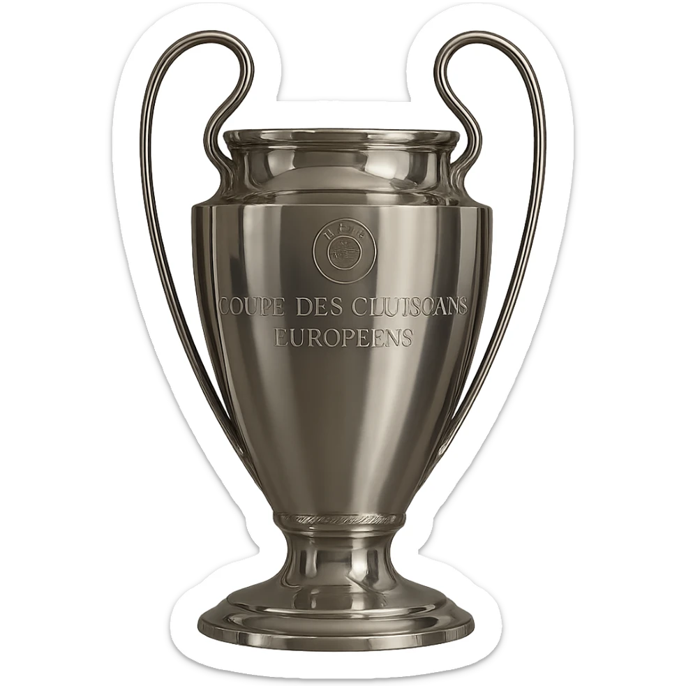 Add the UEFA logo and the text 'COUPE DES CLUBS CHAMPIONS EUROPÉENS' to the trophy, keeping the style realistic and polished. sticker