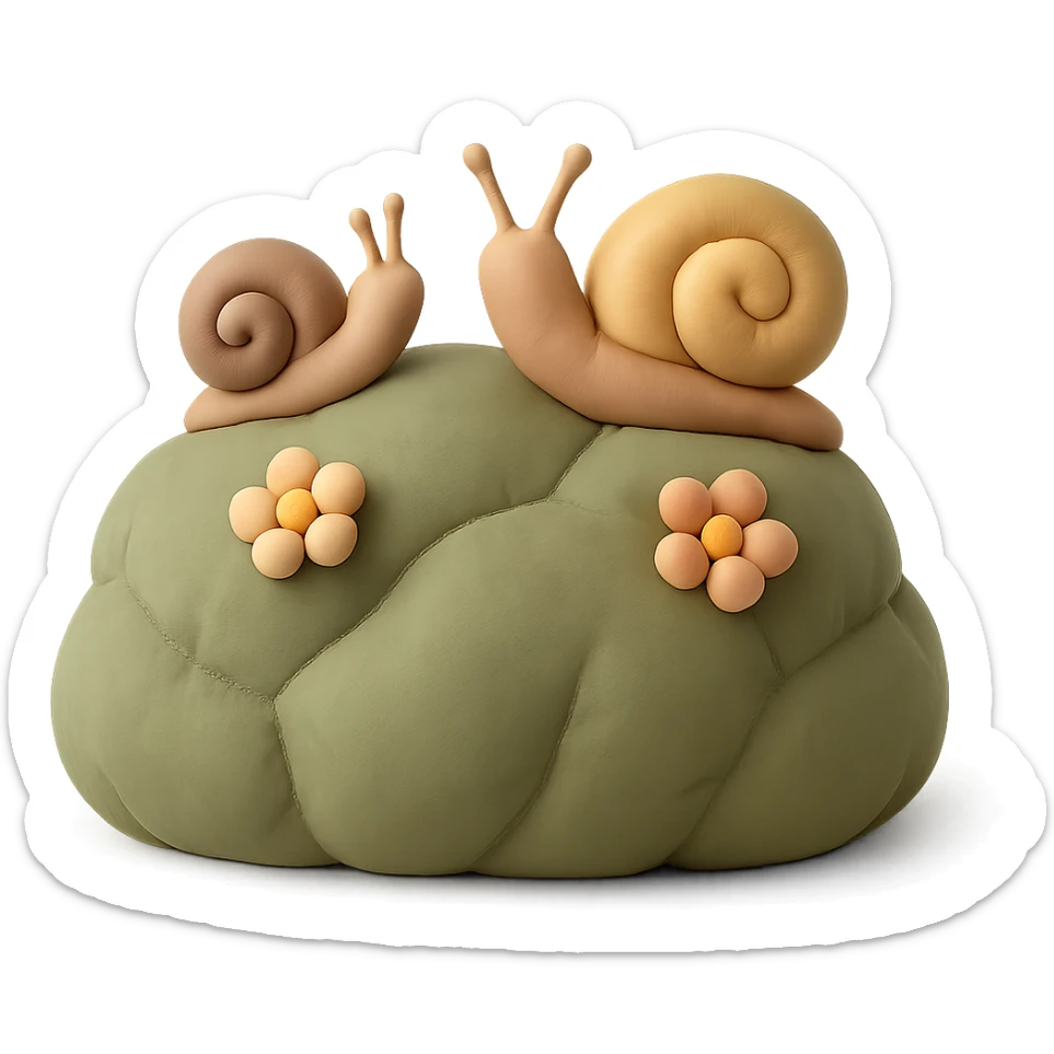 mossy rock with snails and small flowers in earthy pastel colors, cushion style sticker