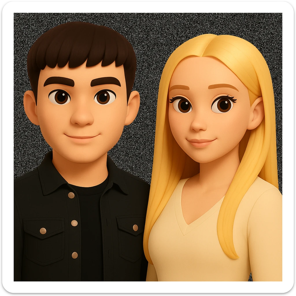 Slightly increase the volume of the upper body of the girl, separate the girl and the boy from each other, and make the skin color the same for both characters. Maintain the cartoonish 3D style as in the reference image. sticker