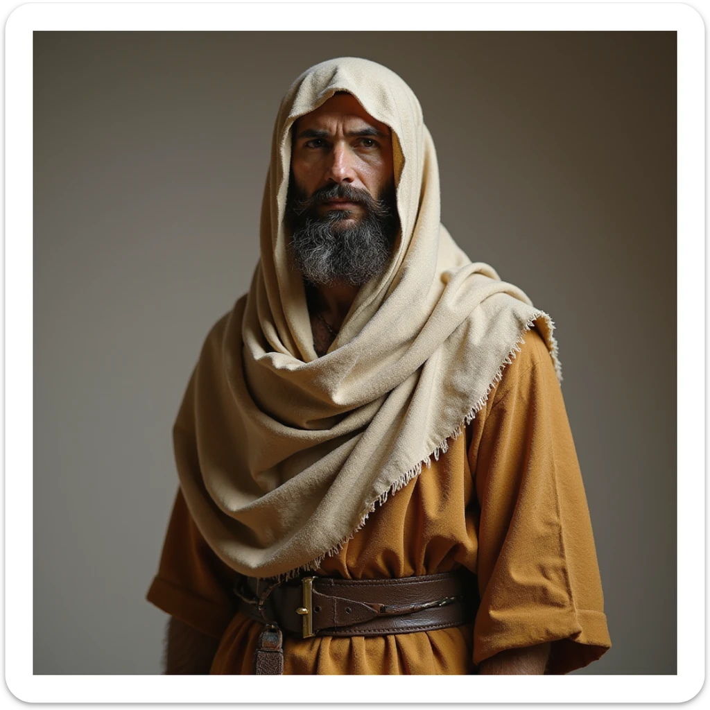 fullbody depiction of a Jerusalem man in Jesus-era attire, including robe, belt, and headscarf, photorealistic style sticker