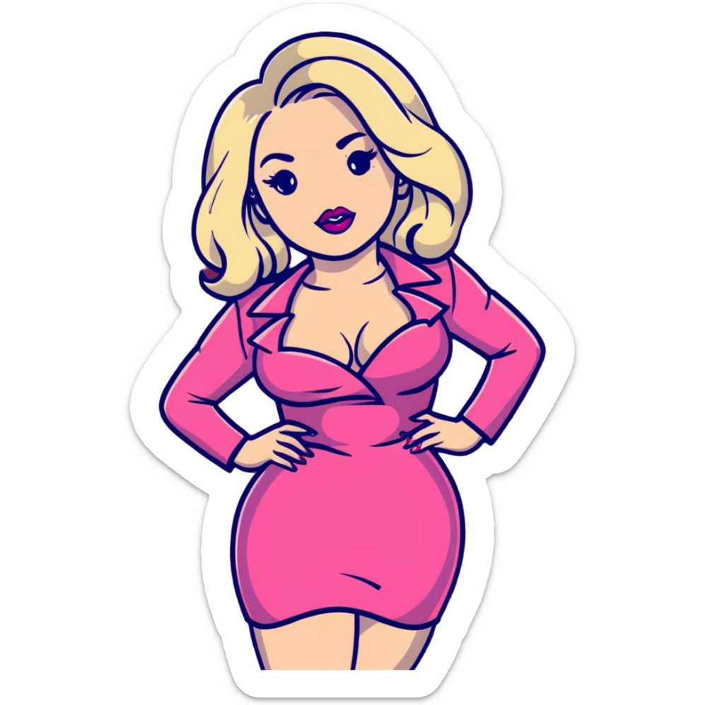 gorgeous woman with platinum wavy blonde hair with big puffy pouting burgundy lips, makeup, wearing a pink leather dress with cleavage, swaying her hips sticker