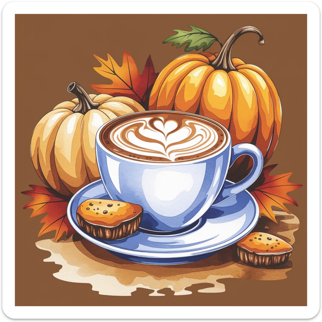 coffee latte art seamless background, pumpkin spice latte, creamy brown and orange tones, cozy autumn café vibe, watercolor effect sticker
