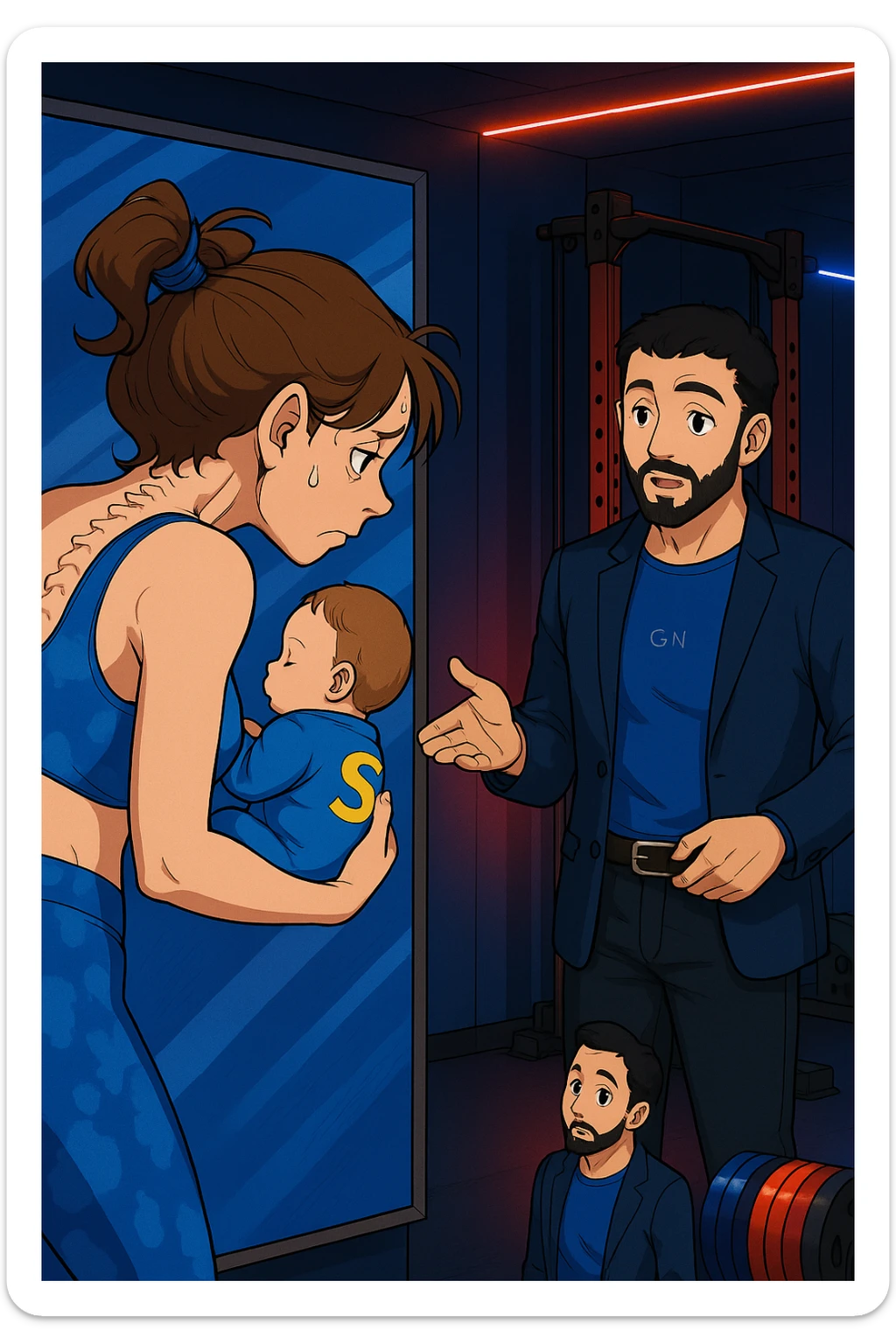 ispirati a questo stile di disegno e fai questa immagine in versione manga/webtoon a colori, il manga mostra la donna che si guarda alla specchio preoccupata di profilo con la postura sbagliata e incurvata, spalle chiuse e curve in avanti, con un neonato in braccio con una tutina azzurra e la scritta "S" blu sulla schiena, spina dorsale storta della donna in evidenza mentre al suo fianco anche l'uomo guarda la donna riflessa nello specchio e le spiega una cosa, ma non fare i fumetti, fai come se stessero parlando sticker